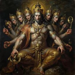 a beautiful cinematic masterpiece gothic portrait of mystical gothic colossal asura king ravan with ten heads from ramayan, by caravaggio, tim hildebrandt, wayne barlowe, greg rutkowski, oil on canvas, masterpiece, trending on artstation, featured on pixiv, cinematic composition, brilliant lighting, sharp, hyper - detailed, no frames, hd, 8 k