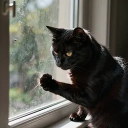sad black cat outside clawing at window, by Tom hammick