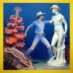 a cowboy turning into blooms by edward hopper. tropical sea slugs. complementary colors. national geographic. 8 k, rendered in octane, smooth gradients. sculpture by antonio canova. a cowboy by slim aarons, by zhang kechun, by lynda benglis, by frank frazetta.