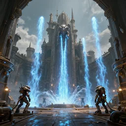 visually stunning, cinematic, ultra realistic, hyper realism, 1 2 k, epic, octane render, unreal engine, vfx, maya, aetherspouts : aethersquall ancient, gathering at the gallows at the courtyard of a robust dieselpunk futuristic fantasy castle : dieselpunk creature, by nadezda and david stoupakis