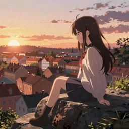 isekai masterpiece anime girl sitting on a rock off to the side looking down upon swedish town, during dawn, cinematic, very warm colors, intense shadows, anime illustration, anime screenshot composite background, lens flare