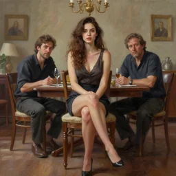 perfectly - centered - portrait of a beautiful woman sitting on the dining room, intricate, highly detailed, digital painting, artstation, concept art, sharp focus, illustration, realism, oil painting, unreal engine 5, 8 k, art by artgerm and dave rapoza and sam spratt