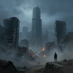 cinematic foggy desolate ruined city in a dusty wasteland, ominous towering destroyed skyscraper ruins, destroyed buildings apocalypse, dystopian ashy mists underlit, gloomy oppressive muted blue hue with flickers of burning fire in streets, on a cliff a collapsed lone figure looks at the city, 8 k, 2 1 6 0 x 2 1 6 0, depressing end of world atmosphere, reallistic oil painting, hyper reallistic, photo realism