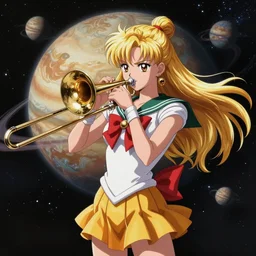 sailor venus plays the trombone, background planet venus in space, anime art, unreal render, hyper detailed drawing, intricate, anime key visual, manga, digital painting, artstation, hard focus, symmetry, illustration, landscape
