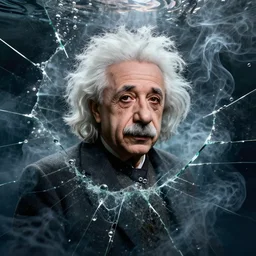 einstein in a chaotic storm of liquid smoke, portrait, by petros afshar, ross tran, tom whalen, peter mohrbacher, artgerm, shattered glass, bubbly underwater scenery, radiant light