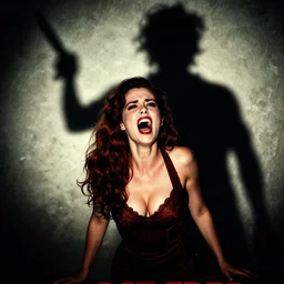 8 0's thriller movie poster, pin - up style. screaming damsel in distress and a shadow of the man with knife in the background