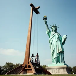 ultra wide angle shot of an impossibly tall guillotine, next to the statue of liberty, surrealism, in the style of terry gilliam