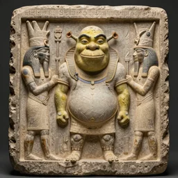 an ancient egyptian stone carving of shrek, 4 k, trending on artstation, detailed, film still