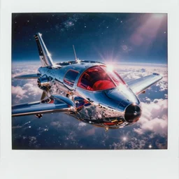 analog polaroid portrait of a chrome spacecraft, Hajime Sorayama, sheen, red reflections, unreal engine, azure sky, big clouds visible, sunlight, reflection, sparkles, space, stars, nebula, lensflare, film grain, depth of field, color bleed