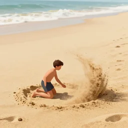 a full shot of a little man made of sand, slowly eroding due to wind, on huge beach, close - up, digital art by wlop, deviantart contest winner, fantasy art, digital illustration, digital painting, photoillustration