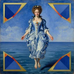 A beautiful painting of Marie Antoinette levitating over the sea, digital art by El Greco, Remedios Varo, Salvador Dali, Carl Gustav Carus, John Atkinson Grimshaw. Blue tint. Symetrical, logo, geometric shapes, vibrant color scheme, highly detailed, in the style of romanticism, fine Art, high detail, great lighting, 8k resolution, masterpiece, concept art, illustration, clear eyes, soft lighting, soft details, painting oil on canvas, octane render, HDR, trending on artstation, 4k, 8k, HD