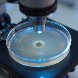 natural light, soft focus photo of petri dish with a bacteriological culture and mold with little filaments under the microscope, octane render, tilt shift, polaeized light, blue bioluminescent plastics, smooth shiny metal, elaborate ornate head piece, piercings, skin textures, by annie leibovitz, paul lehr