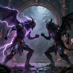 a lightning demon fighting a shadow demon at the gates of hell, 8 k, shallow depth of field, moody lighting, ultra high detail, concept art,