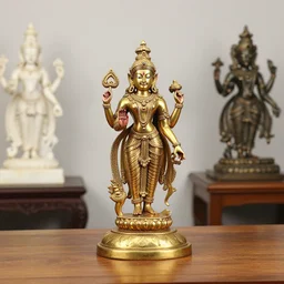 a golden statue of a god on a wooden table, a bronze sculpture by ram chandra shukla, cg society, samikshavad, marble sculpture, uhd image, ornate