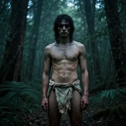 thomas sangster with loincloth, ominous, eerie forest in background