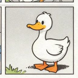 scanned image of newspaper cartoon strip, in colour, half tone, duck quacking, mcbess