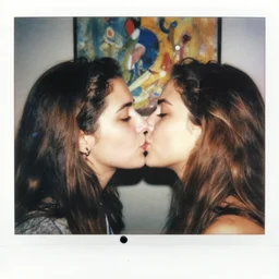 double exposure of two women kissing ( closeup ) and an abstract painting, lomography. this photograph is subsequently printed out and splattered with paint. mixed media collage art with magazines and found art