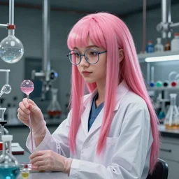 highly detailed, industrial photography profile portrait of adult princess bubblegum from adventure time, working in her science lab, wearing lab coat & glasses, long bubblegum hair with long straight bangs, confident, beautiful, attractive, illustration concept art by nicoletta ceccoli, mark ryden, lostfish, detailed and intricate environment, 8 k resolution, hyperrealistic, octane render