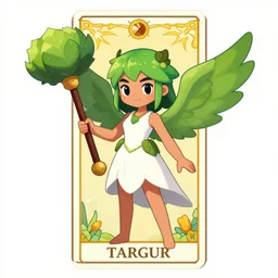 a cartoon girl with leaf wings holding a mace, concept art by muggur, white dress, artstation contest winner, fantasy art, concept art, 2 d game art, tarot card