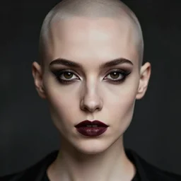 a portrait of a bald goth female, dark eyes, dark hair, olive skin, depth of field, zeiss lens, detailed, centered, artstation, fashion photoshoot, by Annie Leibovitz and Steve McCurry, David Lazar, Jimmy Nelsson, Breathtaking, 8k resolution, extremely detailed, beautiful, establishing shot, artistic, hyperrealistic, beautiful face, octane render