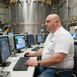 heavyset bald man wearing a white shortsleeved shirt and blue jeans working in a nuclear silo control room by Emmanuel Lubezki