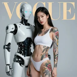 Vogue cover, super beautiful cyborg model with Japanese tattoo posing with ai robot bodyguard, in the style of Norman Rockwell, Rubens, Leyedecker, in the future world