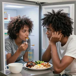 lanky black stoner with bad haircut haircut eating his wife's dinner furtively, open refrigerator and sulking, thinking about trauma bonding with valerie valenti, trending on artstation