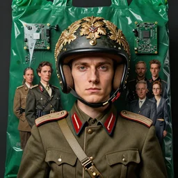 portrait of a cute third reich soldier in ornate motorcycle dirt helmet, background green plastic bag, circuitboard, rich deep colors, ultra detail, by francis bacon, james ginn, petra courtright, jenny saville, gerhard richter, zdzisaw beksinsk, takato yamamoto. masterpiece, elegant fashion studio ighting 3 5 mm