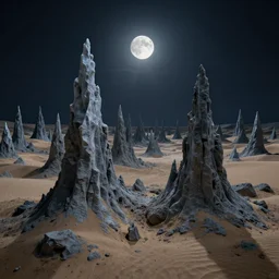 Titled landscape with dirty grey ice spires and sandy sinkholes, midnight sky, full moon with black crepuscular rays, cinematic lighting, cinematic composition , ultra detailed, realistic , hyper-realistic , ultra photoreal, render in unreal engine 5, 35mm , Matte painting, movie concept art, corona render, octane render, colorful redshift render, 8k