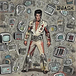 fillm still, full body shot of Elvis Presley turned into a zombie, from the TV-series The Walking Death, promotional image, graphic,