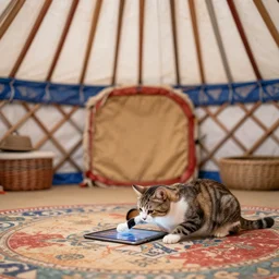photo of an american indian yurt, inside is a cat playing ipad
