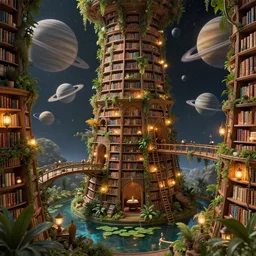 professional digital art of an infinite library in outer space filled with floating ringed planets, fancy library, cozy, lanterns, nature, plants, vines, bridges, ladders, pond, lily pads, fantasy, high quality, hd, 4 k, 8 k