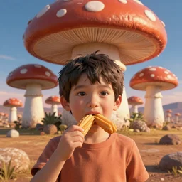 a kid eating a churro, a nuclear mushroom far in the background, digital art, very coherent symmetrical artwork, cinematic, hyper realism, high detail, octane render, unreal engine, 8k, Vibrant colors, Smooth gradients, High contrast