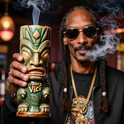 a closeup photorealistic photograph of smoking snoop dogg at the trader vic's bar holding up a trader vic's tiki mug featuring snoop dogg's face. tiki culture. brightly lit scene. this 4 k hd image is trending on artstation, featured on behance, well - rendered, extra crisp, features intricate detail, epic composition and the style of unreal engine.