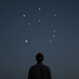 man looking at the pattern with little balls on the dark sky