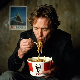 Willem Dafoe eating a KFC Famous bowl in the basement at 3am while listening to pink floyd