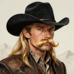 cowboy portrait male, olive skin, huge blond moustache and sideburns, long blond hair, black stetson hat, moutain, intricate, elegant, highly detailed, digital painting, artstation, concept art, smooth, sharp focus, illustration, artgerm, rutkowski, briclot