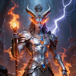 ancient horned androgynous god of fire and lightning inspired by Krishna and Sephiroth, he is stunningly beautiful and slender, his eyes glare with iridescent fire of magical energy, bright silver armor adorned with precious gems, epic portrait by Greg Rutkowski and Ross Tran and Dariusz Zawadski and Anna Dittmann, eerie heroic wh40k aesthetics by Zdzislaw Beksinski, ultra detail, professionally detailed fantasy wh40k portrait, 4k, 8k, HDR, trending on ArtStation