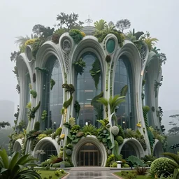 a photo of a futuristic biomimicry oasis facade + the facade is elegant and made of a biomimicry nature algae with ornate patterns + photo taken on a misty morning + architectural photography, 8K, photorealistic