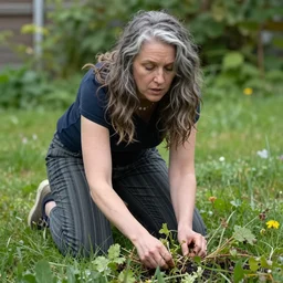 a beautiful and mad canadian woman, on her knees, pulling weeds out frantically, some grey hair, stripey pants,