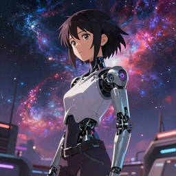 makoto shinkai. robotic android girl. futuristic cyberpunk. dystopia. vibrant nebula sky.............................................................. robotic wired elbow.