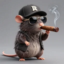 anthropomorphic gangster rat smoking a huge cigar, wearing sunglasses and a cap, long fur,  anthropomorphic rat, detailed, 3d render, 4k, pixar