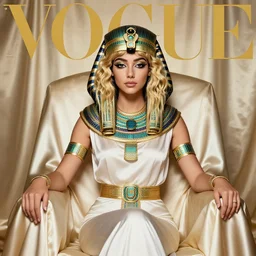 bust portrait of girl sitting in silks on the throne, egiptian goddes costume, blonde, curly hair, clean face, provocative make up, symmetrical face, looking straight, smooth skin, jewelry, ecstasy, cute, fashion editorial photography, from vogue magazine, ultra realistic, reflections