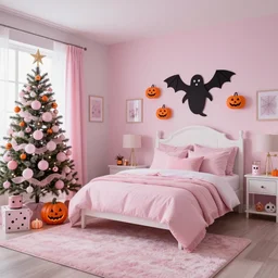 homemade bubble gum and pastel pink halloween themed christmas bedroom ideas, high resolution, creative, visually appealling