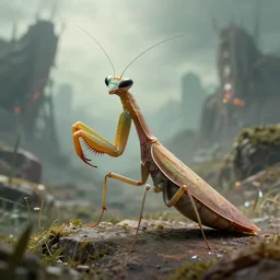 highly detailed portrait photo of a mantid in a scenic dystopian environment, hyperrealistic illustration by william didier - pouget