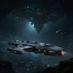 Exploration of mysterious dark alien world, spaceship, cinematic angle, cinematic lighting, by Syd Mead John Harris Federico Pelat, Star Citizen, Elite Dangerous,