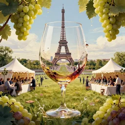 landscape wine tasting event paris busy wine glass grapes tents splash art graphic design color splash high contrasting art, fantasy, highly detailed, art by greg rutkowski