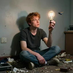 a stupid looking young man with short brown ginger hair, sitting in a grimy flat, strewn with rubbish, watching a bluebottle fly buzzing around a lightbulb
