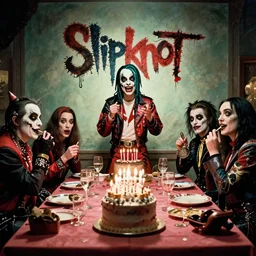 slipknot having a birthday party, film still from the movie directed by Denis Villeneuve with art direction by Salvador Dalí, wide lens
