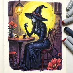 raven witch in a suspicious cafe. complementary colors, copic markers, indie concept art, bloom, chiaroscuro, backlighting, intricate details.